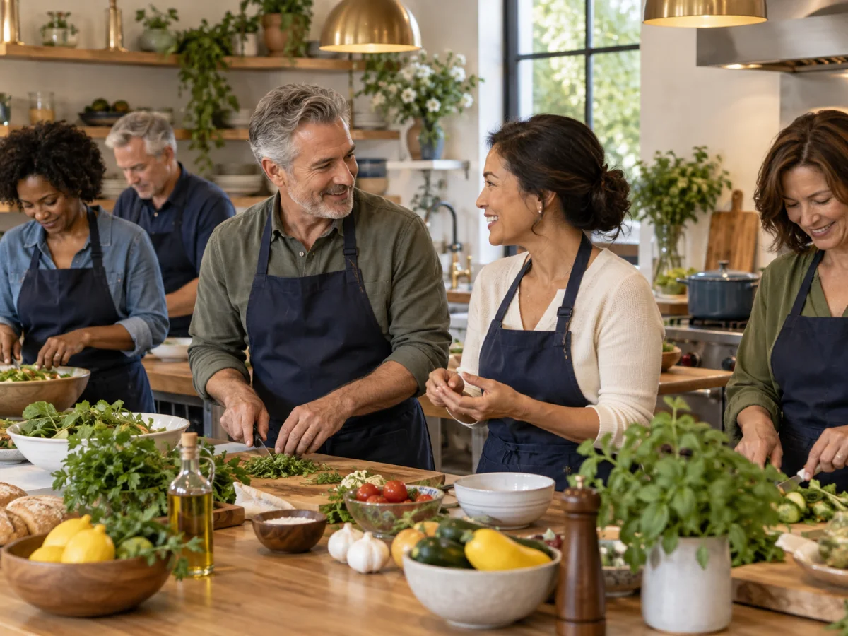 Editorial image of mature adults socializing during a cooking class