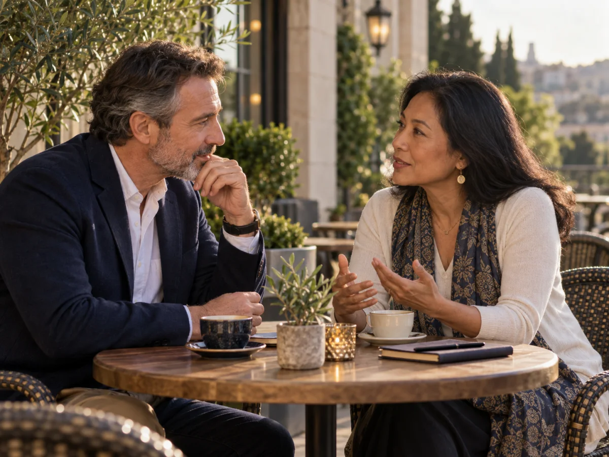 Editorial image of a cross-cultural couple discussing their future