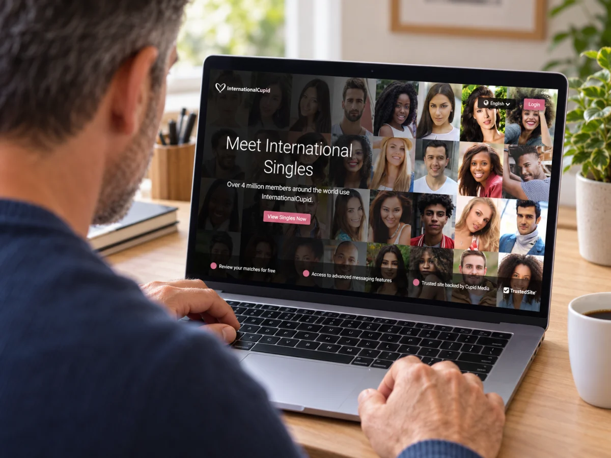 AI-created editorial image of a man viewing InternationalCupid's homepage on a laptop