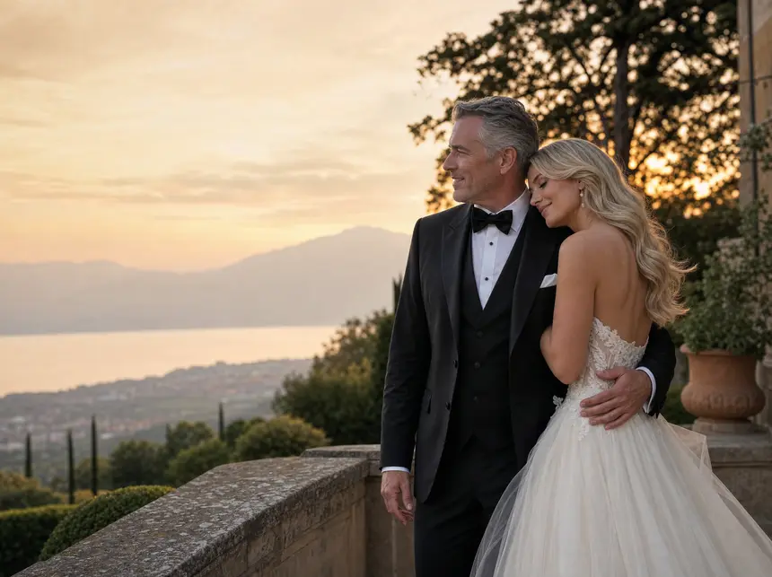A couple in formal wedding attire standing together at a scenic overlook
