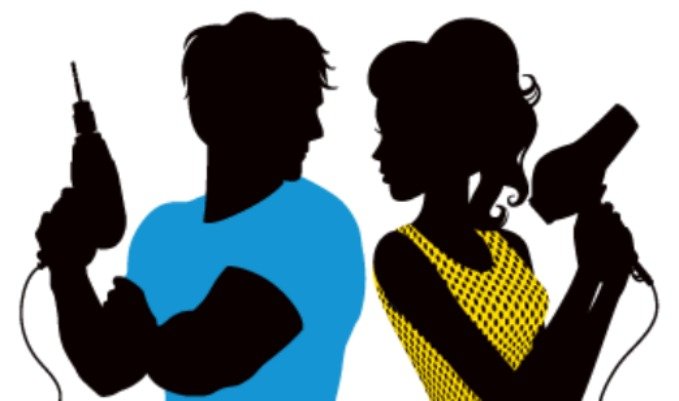 Two silhouettes, a man and a woman, stand back‑to‑back, each holding a hair styling tool (left with a handheld tool on a cord, right with a hair dryer).