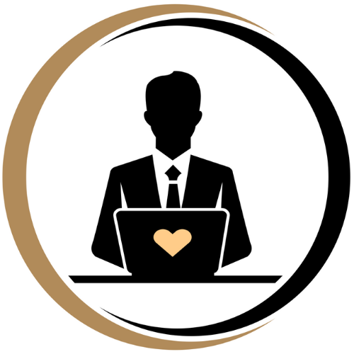 Silhouette of a professional in a suit using a laptop with a heart on the screen, encircled by two overlapping rings (gold and black).
