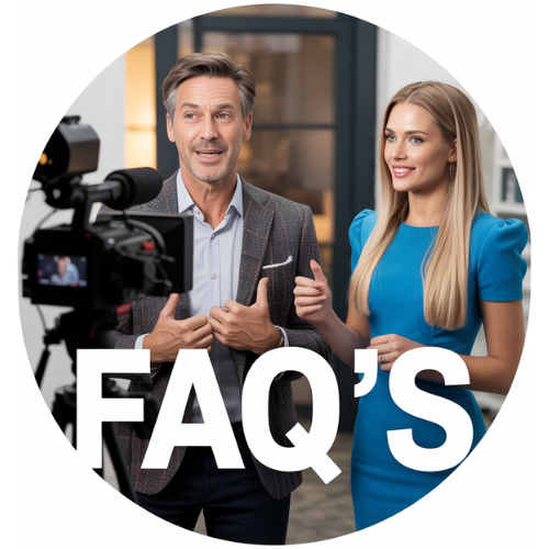 Two presenters filming a FAQ video in a studio, camera in foreground and 'FAQ'S' text overlay, circular crop