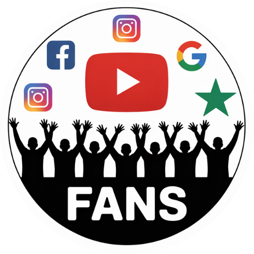Circle graphic showing a YouTube play button, social icons (Facebook, Instagram, Google) above cheering fans and the word 'FANS'.