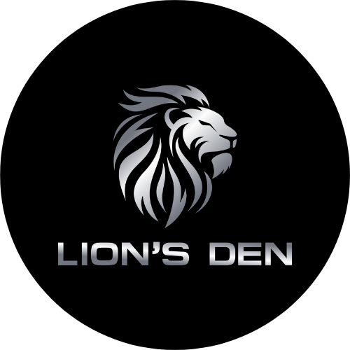 Logo: stylized silver lion head above the text LION'S DEN on a black background, using a metallic gradient.