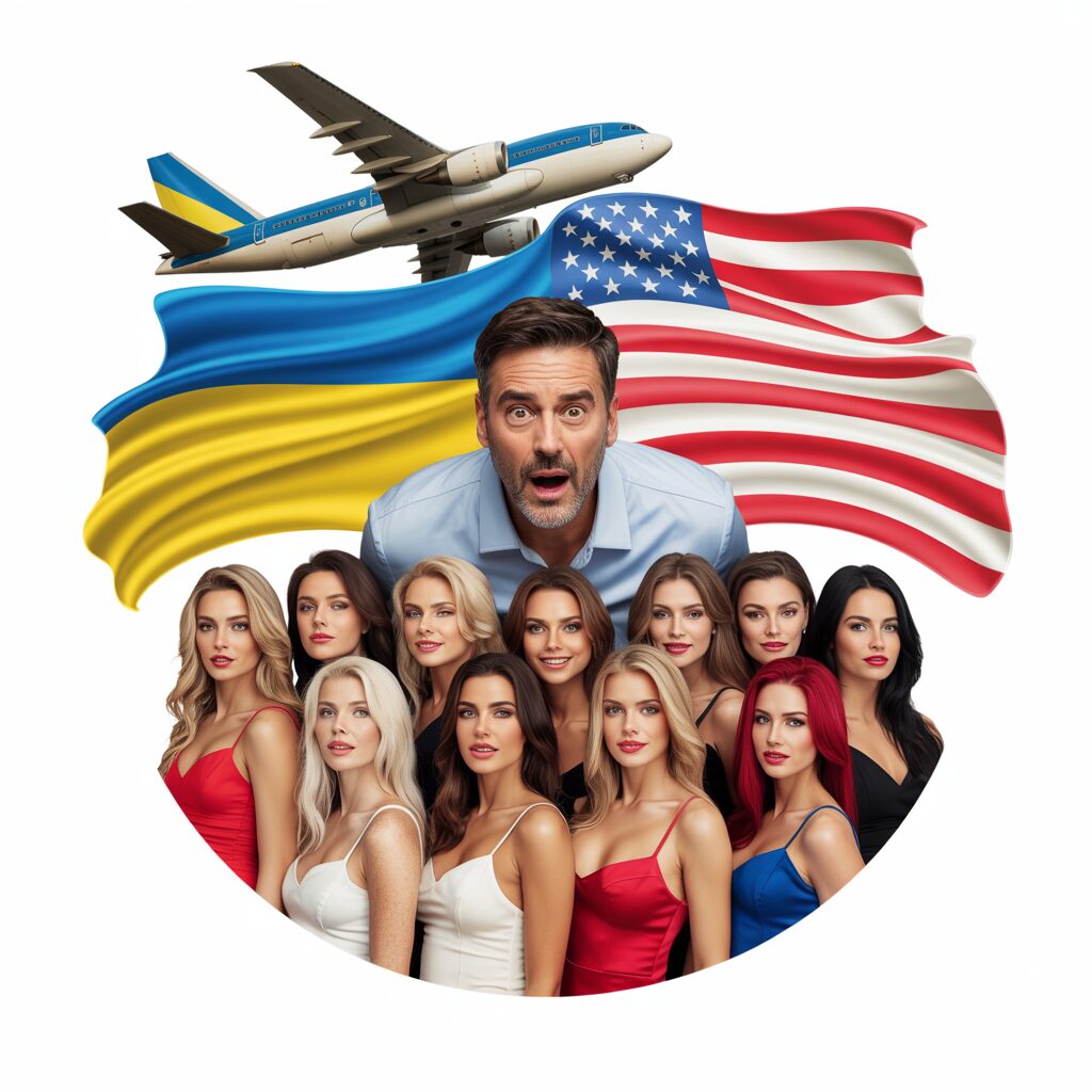 Man with surprised expression among a group of women in front of Ukrainian and US flags with an airplane overhead, suggesting travel or international relations.