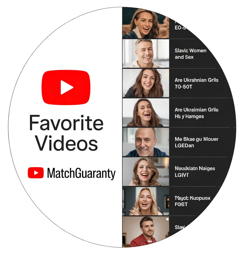 Circular graphic with YouTube logo and the words 'Favorite Videos' and 'MatchGuaranty'; a right-side column shows vertical video thumbnails of smiling people with dark title bars.