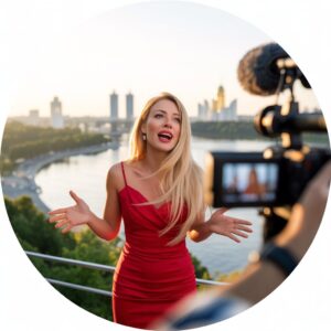 Woman in a red dress speaks to a camera outdoors with a river and city skyline in the background.