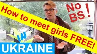 Video thumbnail featuring a man with glasses, with bold yellow banner text 'How to meet girls FREE!', red 'NO BS!' text, and a blue 'UKRAINE' graphic.
